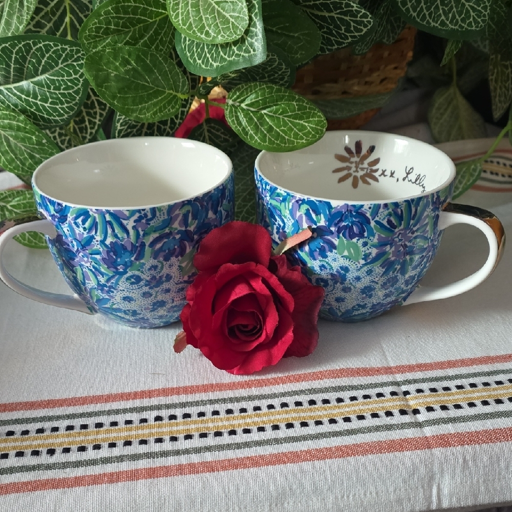 Lilly Pulitzer "High Maintenance" Blue Floral Coffee Mugs - Set of 2 NWOT